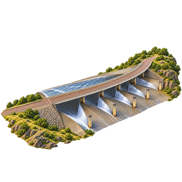 Illustration of Maguga Dam — labyrinth spillway